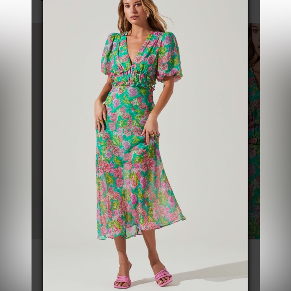 Esperanza Floral Puff Sleeve Midi Dress / Size Small